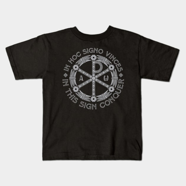 In Hoc Signo Vinces | In this Sign Conquer | Chi Rho | Grey on Black Kids T-Shirt by EkromDesigns